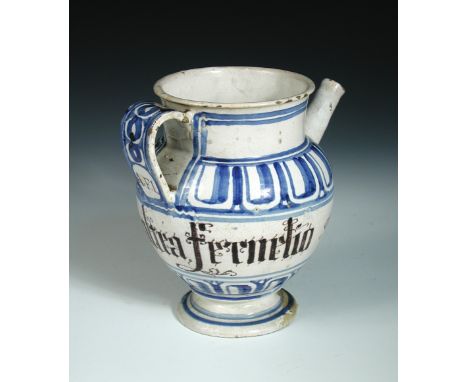 An 18th century Italian Maiolica Savona wet drug jar, the shouldered ovoid body inscribed "S de altea fermelio", within blue 
