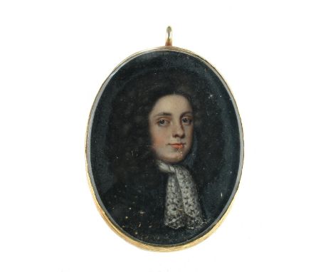 French School, 17th Century  Portrait miniature of a nobleman in armour with white lace stock oil on copper, in a yellow prec