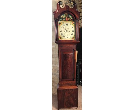 A 19th century figured mahogany longcase clock, the swanneck hood with flanking columns, painted arched 13inch dial signed 'J