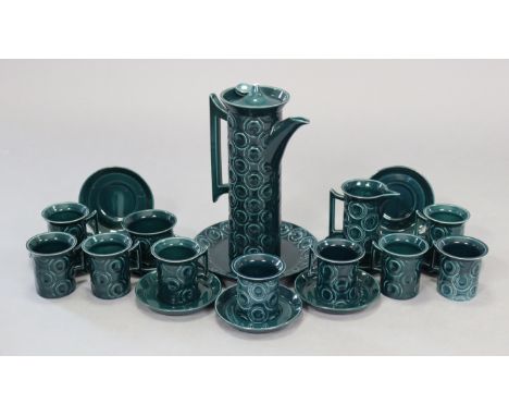 A Portmeirion pottery “Jupiter” twenty-two piece part coffee service designed by Susan Williams-Ellis, coffee pot finial loos