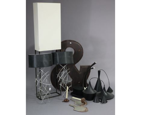 A pair of contemporary silvered-metal wall lights each with a demi-lune shade, 16” wide x 32” high; together with a contempor