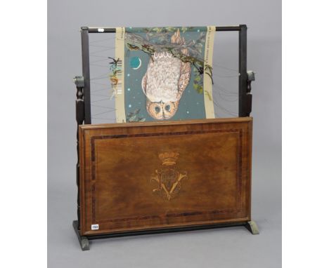 A 19th century inlaid-mahogany oval dressing mirror fitted three drawers to the serpentine-front box base, &amp; on bracket f