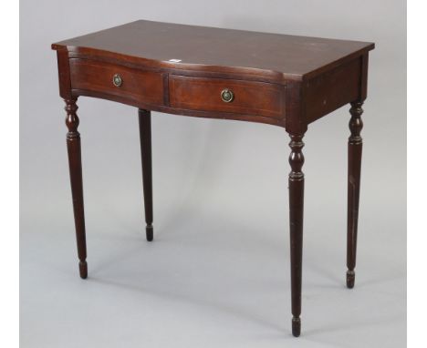 A mahogany serpentine-front side table fitted two frieze drawers, &amp; on turned tapered legs, 32¾” wide; together with a pa