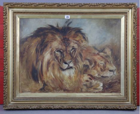 An oil painting on canvas depicting two lions, unsigned, 19½” x 16½”, in a gilt frame; &amp; five various other decorative pi