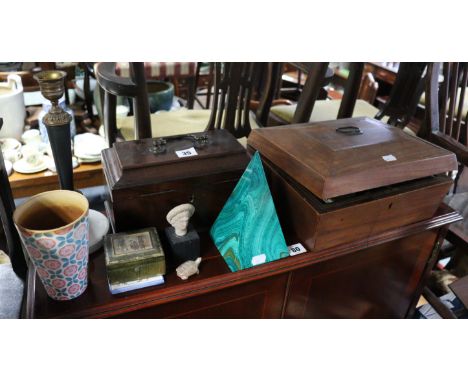 A 19th century mahogany tea caddy (lacking interior), 9½” wide; a walnut needlework box, 12” wide; a wall barometer; a pair o