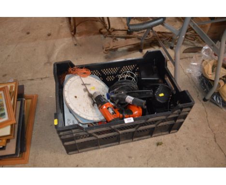 A box containing an electric inspection lamp; Black &amp; Decker drill; a large set of Salter spring balance scales etc. 