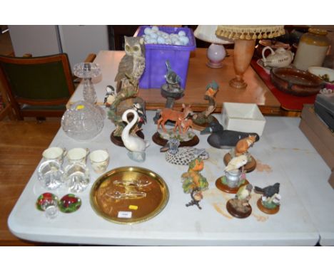 A quantity of animal and bird ornaments; brass table lamp etc.