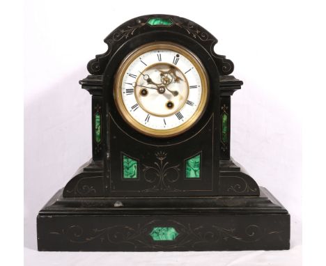 Victorian malachite and slate mantel clock, with Marti cylinder movement, 36.5cm.