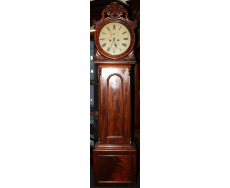 William IV Scottish mahogany drumhead longcase clock, maker J Templeton of Ayr, the enamel Roman dial above and arched flame 