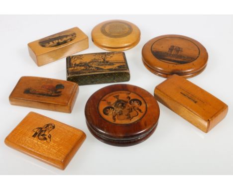 Collection of eight Mauchline and other fruitwood snuff boxes, largest 8.5cm. CONDITION REPORT: Chicken box:  slightly rubbed
