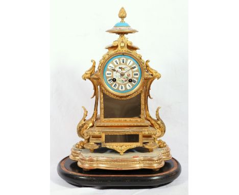 Late 19th century French gilt brass porcelain mantel clock, with porcelain Roman dial, the R & C  cylinder movement striking 