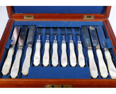 Victorian twenty-three piece mother of pearl handled silver fruit knives and forks, maker J G Birmingham 1862. CONDITION REPO