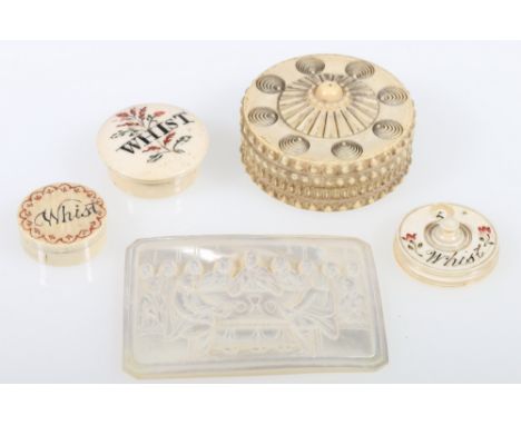 Victorian ivory whist counter wheel, 3cm and two whist counter boxes together with a circular ornamental turned ivory box and