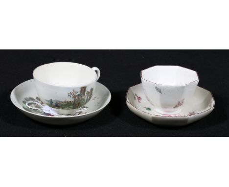 An 18th century Worcester tea bowl and saucer with polychrome enamel and transfer decoration of figures in a landscape, Meiss