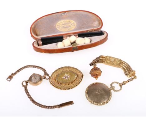 9ct gold ladies wristwatch, 12g gross, 9ct gold mounted cigarette holder in a fitted case, gilt metal chatelaine and a pinchb