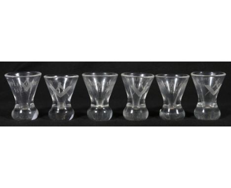 Set of six Masonic firing glasses engraved with a compass and square, Castle Lodge 1621, 9cm.