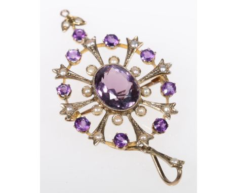 Edwardian amethyst and seed pearl Holbein pendant, 4cm. CONDITION REPORT: Not hallmarked or tested, 6grams.  Possibly early 2