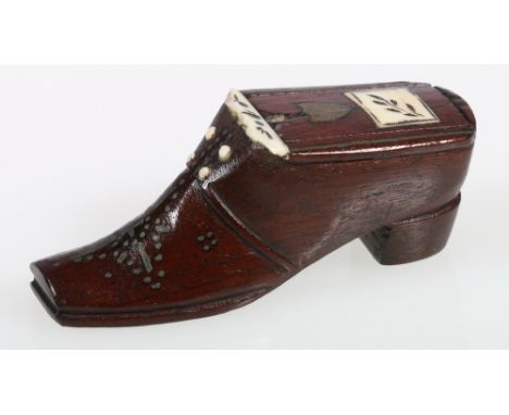 Early 19th century bone and brass inlaid treen shoe snuff box, 7.5cm.
