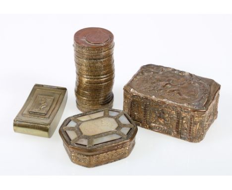 Four 19th century brass snuff boxes, one of curved form with rare triple compartments, 6.5cm, a French stack of coins snuff b