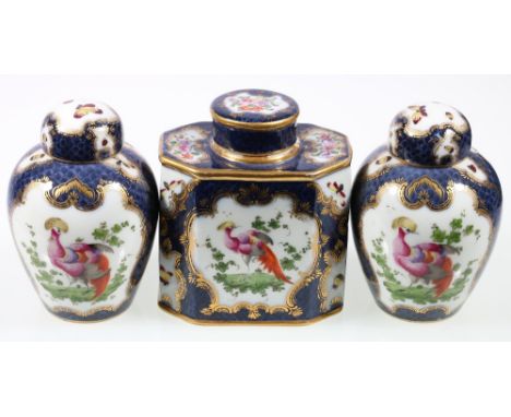 18th century Worcester porcelain tea caddy, underglaze blue square mark, 12cm and pair of matching vases and covers, 11.5cm. 