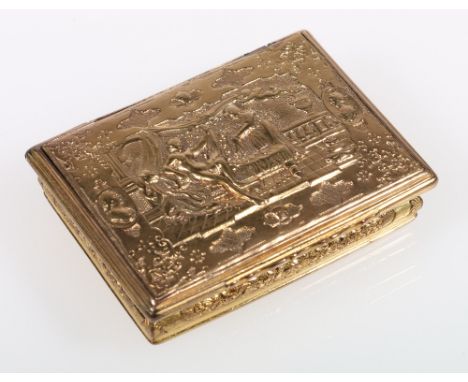 18th century French chased brass snuff box, the cover with The Toilet of Venus, unmarked, 7cm.