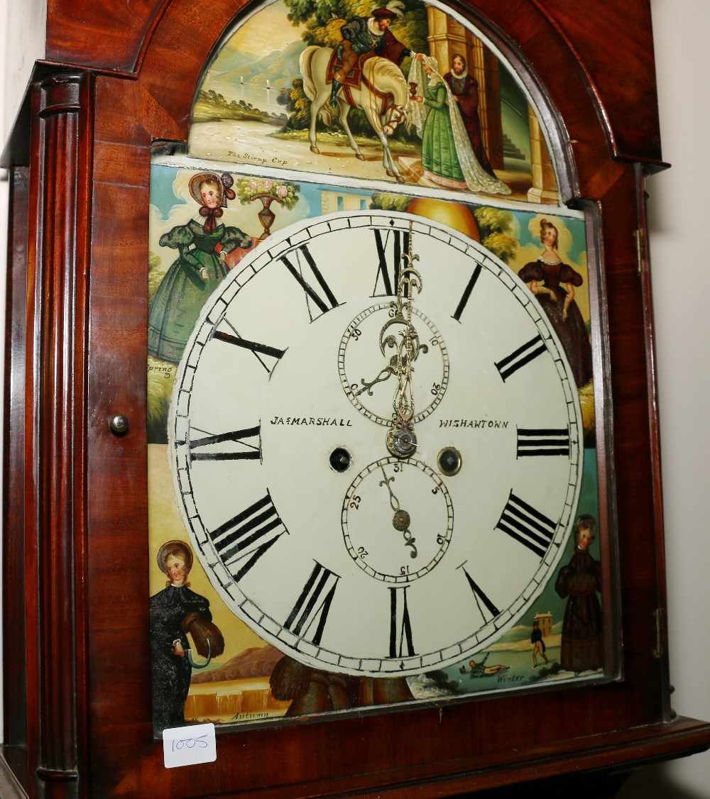 Victorian mahogany longcase clock, maker James Marshall of Wishaw town, with arched enamel Roman