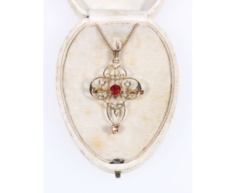 9ct garnet and pearl Holbein pendant on a small belcher chain, marked '9c'.