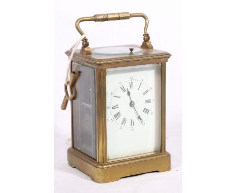 Early 20th century French brass repeating carriage clock, with Roman enamel dial, the movement with silvered platform escapem