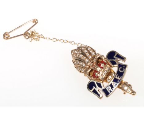 9ct gold enamelled diamond set RAEC (Royal Army Education Corp) brooch, 5.4g
