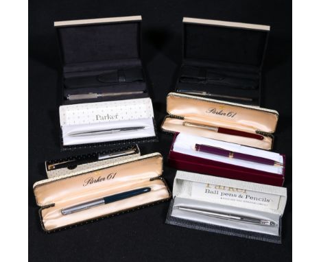 Links of London silver plated fountain pen, boxed; a similar rollerball pen; an Asprey's fountain pen; three Parker 61 and tw