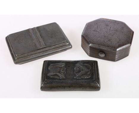 Three George III pewter snuff boxes, largest 9.5cm. CONDITION REPORT: Double head box - Rather scratched, some dints, repaire