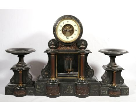 Victorian slate mantel clock garniture, the clock with enamel Arabic dial, the Mougin cylinder movement with Brocot escapemen