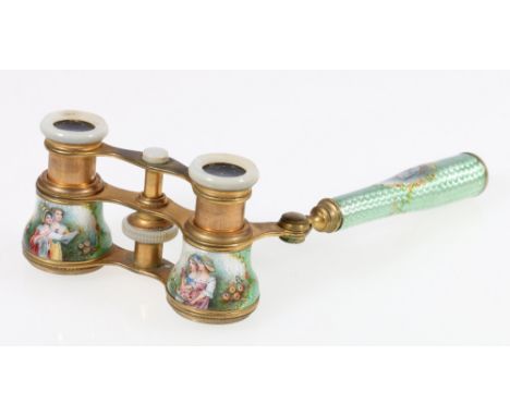 Early 20th century French enamel opera glasses, with vignettes of ladies picking flowers, mother of pearl eye pieces, green l