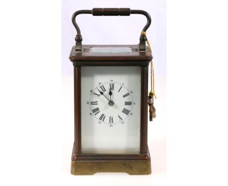 Victorian French brass corniche cased carriage clock, striking on a gong, 16cm.