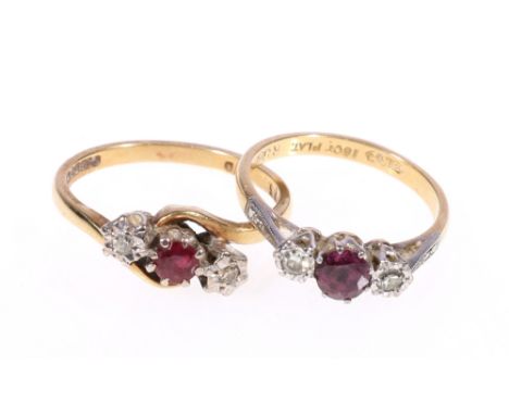 18ct gold and platinum ruby and diamond ring, size L and another in cross over setting, size O (2), 6.2g