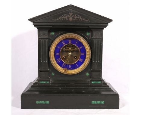 Victorian malachite and slate mantel clock of architectural form with blue enamel Roman chapter and Brocot escapement, the cy