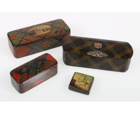 Miniature tartanware 'Edinburgh Castle Forty-Second' snuff box, 3cm, together with three rectangular tartanware snuff boxes, 