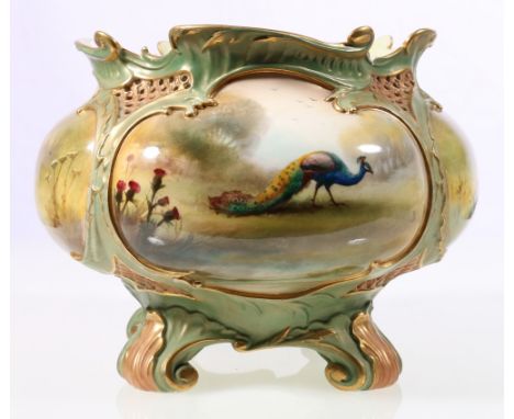 Royal Worcester pierced and glazed jardiniere, painted with vignette panels of thistles and peacocks, signed J W Sedgley, rai