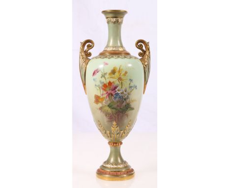 Royal Worcester slender twin handled vase, decorated with flowers, pattern 999, on a circular base, c 1903, 26cm CONDITION RE