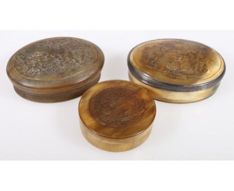 18th century white metal mounted oval pressed horn snuff box, the lid with coat-of-arms, 10cm; together with another oval snu