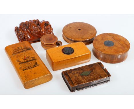 Collection of six treen snuff boxes and a hunting cigar case, 13cm, (7) CONDITION REPORT: Book:  generally bright with good p