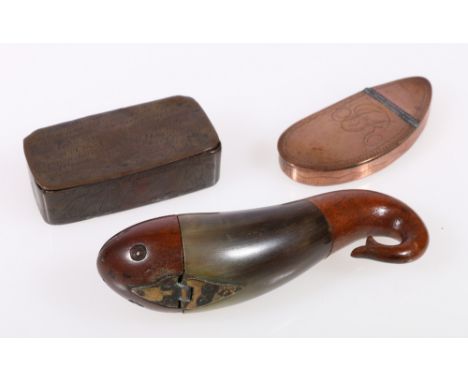 George III copper mussel shaped snuff box, 8cm, a brass maritime snuff box dated 1822, with memorial verse to a lost ship, 7.