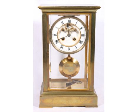 Early 20th century French brass four-glass clock, with enamel Roman chapter and Brocot escapement, the Marti cylinder movemen