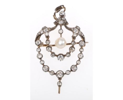 Late Victorian diamond and baroque pearl holbein pendant of shield form, lacking terminal, 5cm.