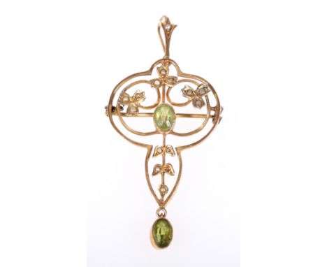 Yellow metal peridot and seed pearl openwork pendant brooch, 3.7g