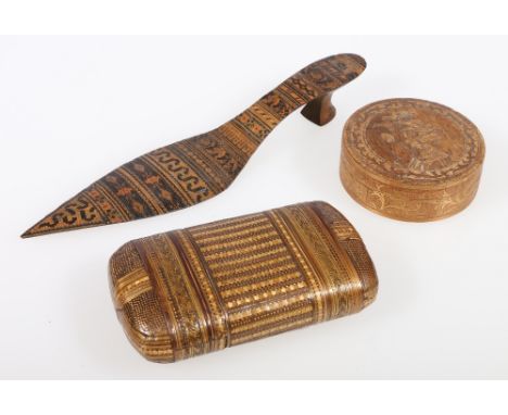 Napoleonic straw-work shoe, 20cm, a circular snuff box, 7cm and a case, 10.5cm. (3) CONDITION REPORT: Shoe:  generally very g