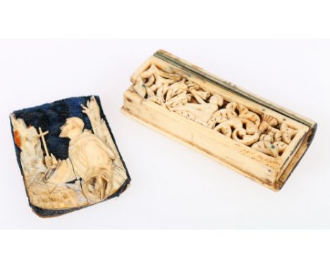 Early European carved bone snuff box in the form of a book, with figure and foliage panel, 7.5cm and a finely carved small iv