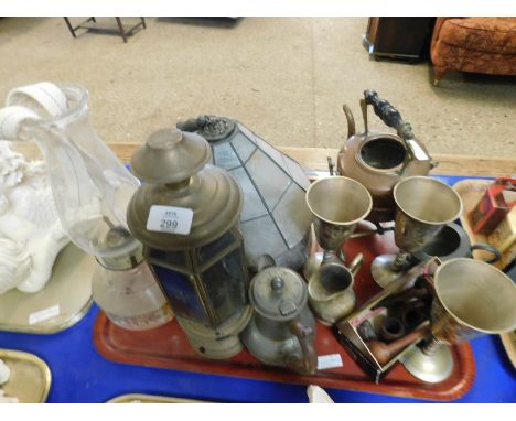 TRAY OF SILVER GOBLETS, PEGG TYPE LAMP, ORNAMENTS ETC    