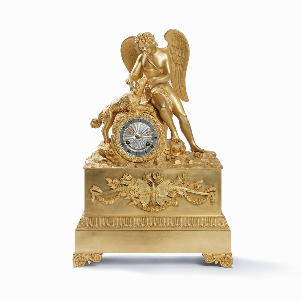 Roblin à Paris, Mantel Clock with Cupid & Dog, France, 19. C. Bronze ...