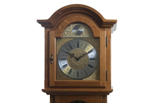 Franz Hermle Grandfather Clock With Bright Oak Case C 1990 Oak Wood Brass Glass Gosheim Ger